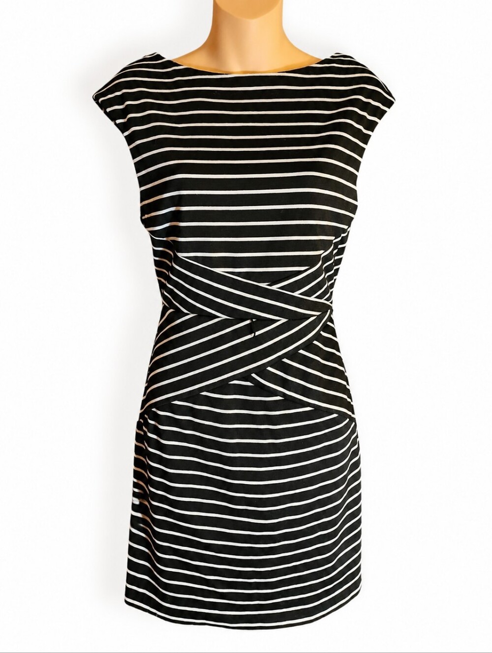 IZ Byer Size 9 Black White Striped Sheath Dress Stretch Career Office Casual